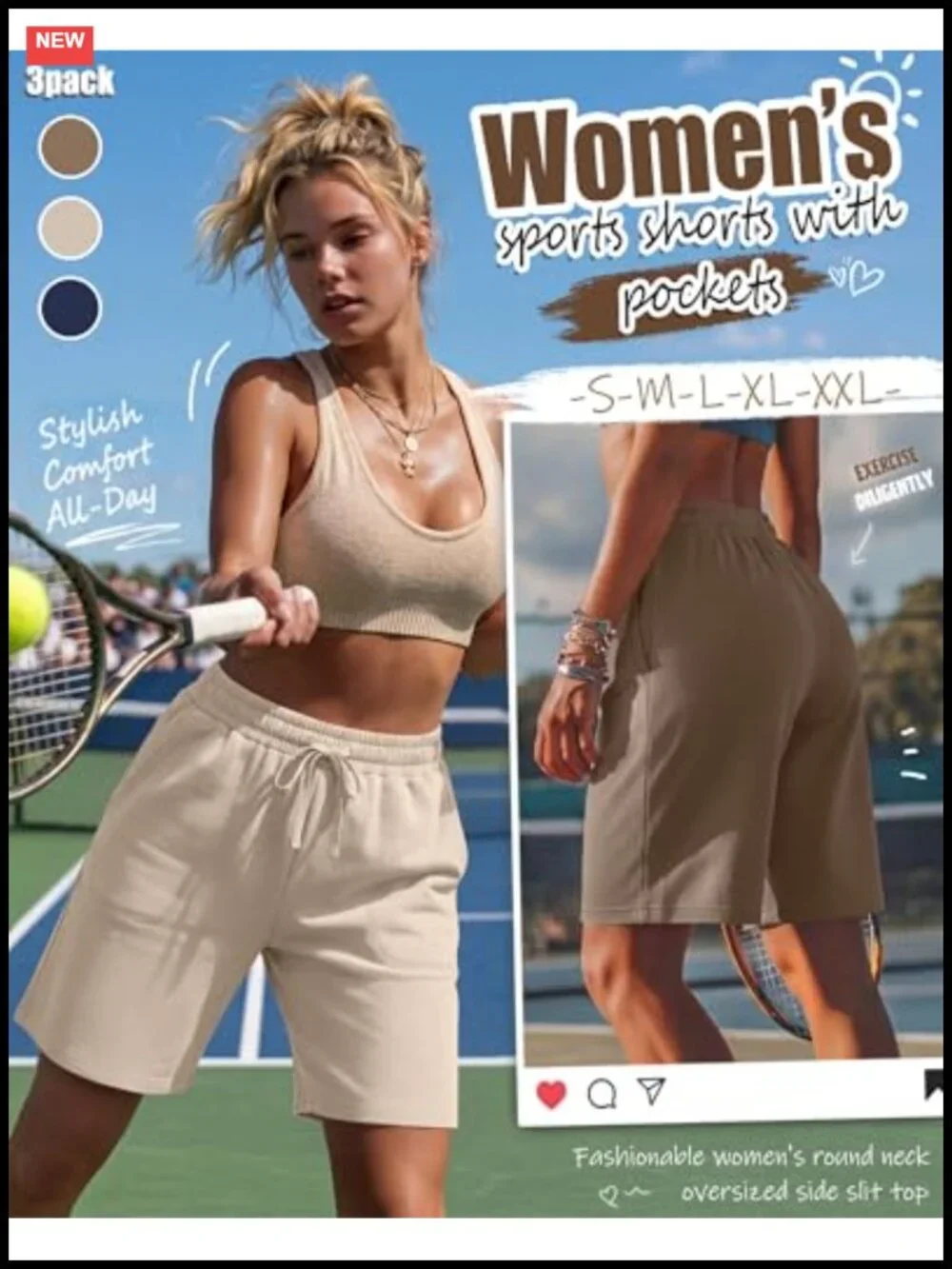 3 Pack Women Bermuda Shorts with Pockets High Waist Knee Length Athletic